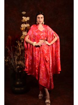 LAALZARI - Apple Red Floral Crop Top with Pleated Skirt and Shrug (Set of 3)