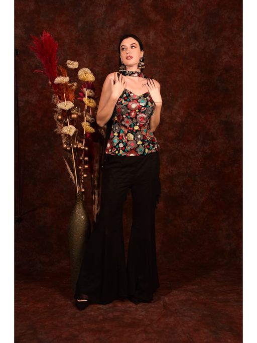 Buy LAALZARI Black Floral Top with Palazzo and Neck Band Dupatta