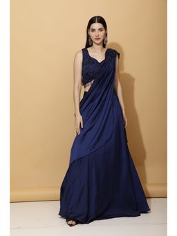 LAALZARI - Royal Blue Crop Top with High Low Palazzo Saree