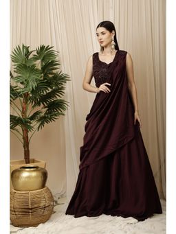 LAALZARI - Wine Crop Top with High Low Palazzo Saree