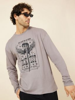 Styli - Grey Long Sleeve Oversized T-Shirt with Front Graphic Print Detail