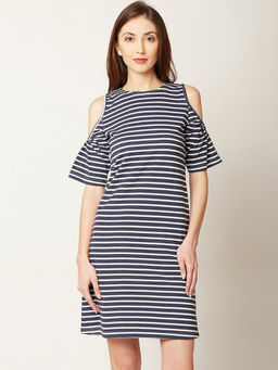 Miss Chase - Women's Navy Blue and White Round Neck Half Sleeve Striped Mini Cold Shoulder Dress