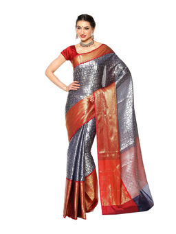 Banarasi Silk Works - Navy Blue Kanchi Silk Pattu Border Saree with Unstitched Blouse