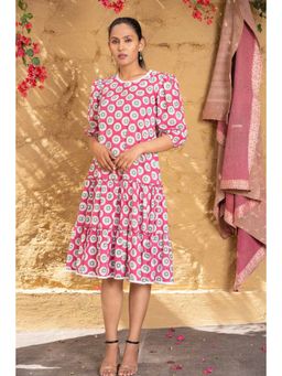 NAVYAS FASHION - Pink Floral Block Printed Tier Dress
