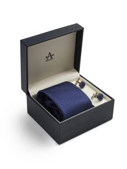 Arrow - Navy Blue Self Design Formal Tie and Cufflinks For Men