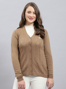 Monte Carlo - Women Khaki Self Design Cardigan