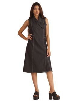 SHAYE - Charcoal Shawl Collar Solid Sleeveless Casual Dress