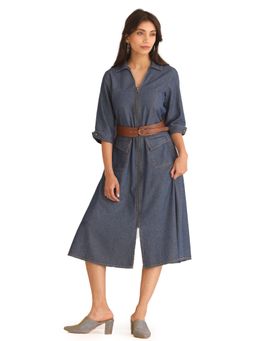 SHAYE - Spread Collar Solid Three-Quarter Blue Sleeves Casual Dress With Belt