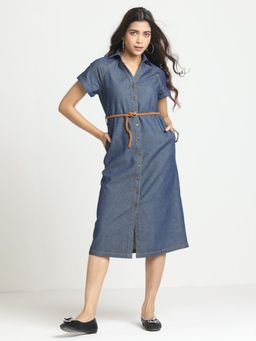 SHAYE - Spread Blue Collar Solid Short Sleeves Casual Dress With Belt
