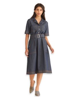 SHAYE - Blue Spread Collar Solid Short Sleeves Casual Dress With Belt