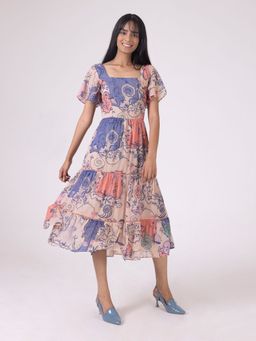 SHAYE - Peach Square Neck Floral Print Short Sleeves Casual Dress