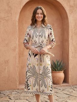 AAREIN - Beige Linen Shirt Dress with Belt