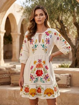 AAREIN - White Floral Printed Fit and Flare Dress