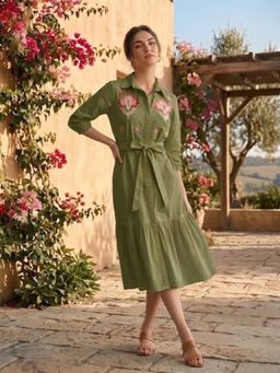 AAREIN - Olive Embroidered Cotton Shirt Dress with Belt