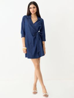 Femmella - Navy Blue Wrap Denim Mini Dress