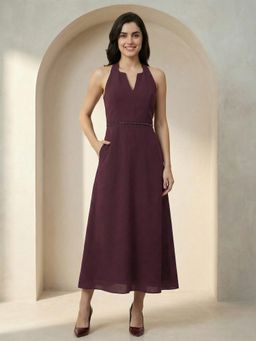 MISH - Elegant Wine Halter-Neck Midi Dress