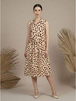MISH - Cream Sleeveless With Brown Polka Dots Dress