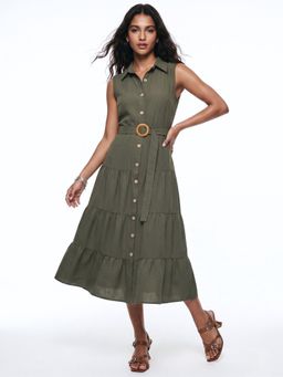 Outzidr - Olive Waist Belted Tiered Dress with Belt