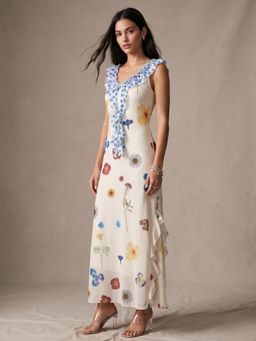 Outzidr - White Ruffle Detail Printed Maxi Dress