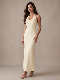 Outzidr - Cream Halter Neck Fitted Dress