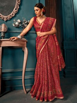 EXCLUSIVA - Red Cotton Saree with Unstitched Blouse
