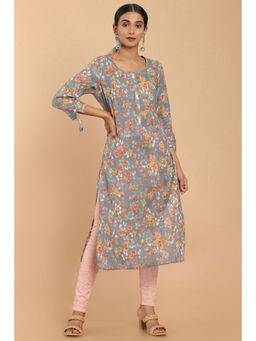 Soch - Grey Linen Floral Print Kurta