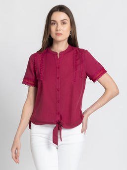 SHAYE - Women Burgundy Solid Short Sleeves Casual Tops