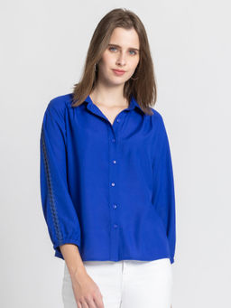 SHAYE - Women Shirt Collar Blue Solid 3/4th Sleeves Casual Shirt