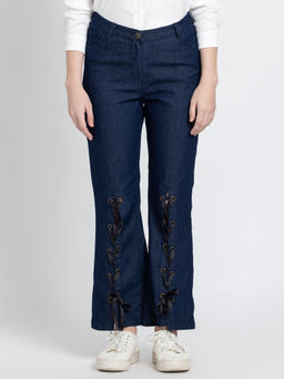 SHAYE - Women Mid-Rise Navy Blue Solid Boot Cut Denim Jeans