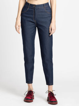 SHAYE - Women High-Rise Navy Blue Solid Ankle Denim Jeans