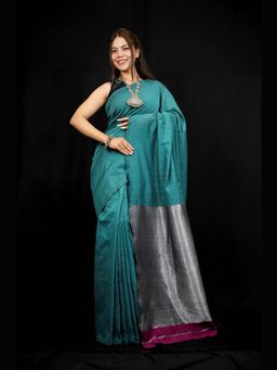 Isadora Life - Teal Colorblock Pre-Draped Saree with Unstitched Blouse