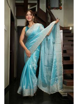 Isadora Life - Blue Embroidered Pre-Draped Saree with Unstitched Blouse