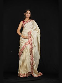 Isadora Life - Beige Embroidered Pre-Draped Saree with Unstitched Blouse