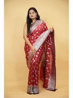 Isadora Life - Red Woven Pre-Draped Saree with Unstitched Blouse