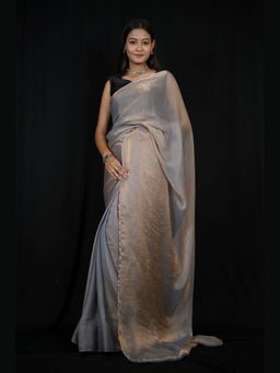 Isadora Life - Grey Solid Pre-Draped Saree with Unstitched Blouse