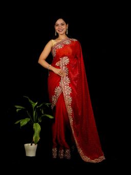 Isadora Life - Red Embroidered Pre-Draped Saree with Unstitched Blouse