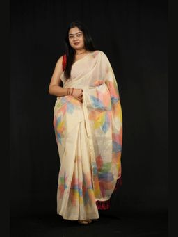 Isadora Life - Beige Floral Pre-Draped Saree with Unstitched Blouse