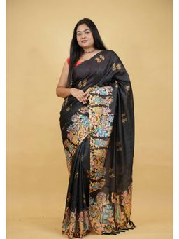 Isadora Life - Black Printed Pre-Draped Saree with Unstitched Blouse
