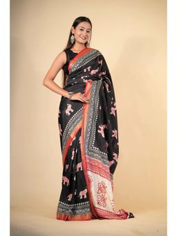 Isadora Life - Black Printed Pre-Draped Saree with Unstitched Blouse