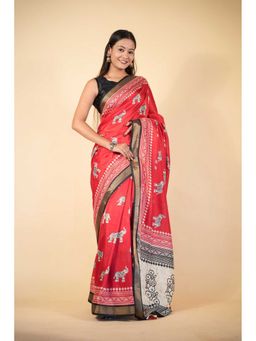 Isadora Life - Red Printed Pre-Draped Saree with Unstitched Blouse