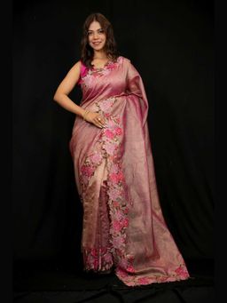 Isadora Life - Peach Embroidered Pre-Draped Saree with Unstitched Blouse