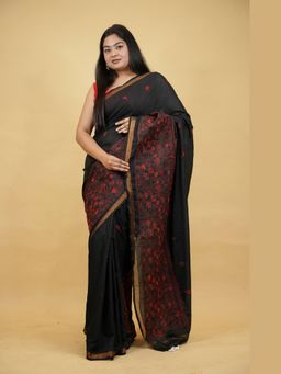 Isadora Life - Black Embroidered Pre-Draped Saree with Unstitched Blouse