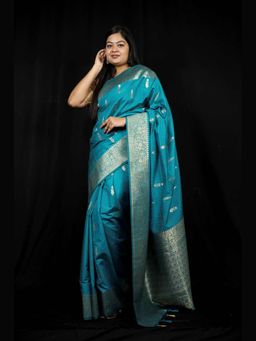 Isadora Life - Teal Woven Pre-Draped Saree with Unstitched Blouse