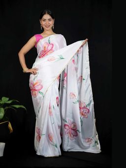 Isadora Life - White Floral Pre-Draped Saree with Unstitched Blouse