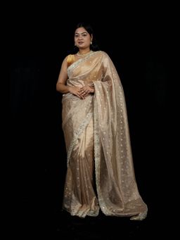 Isadora Life - Gold Embroidered Pre-Draped Saree with Unstitched Blouse