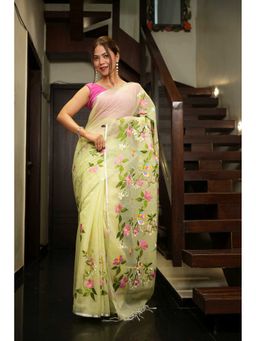 Isadora Life - Green Floral Pre-Draped Saree with Unstitched Blouse