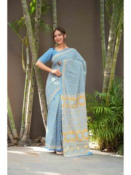 Isadora Life - Blue Floral Pre-Draped Saree with Unstitched Blouse