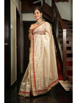 Isadora Life - Beige Woven Pre-Draped Saree with Unstitched Blouse