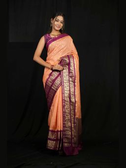 Isadora Life - Peach Floral Pre-Draped Saree with Unstitched Blouse