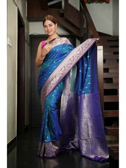 Isadora Life - Blue Floral Pre-Draped Saree with Unstitched Blouse